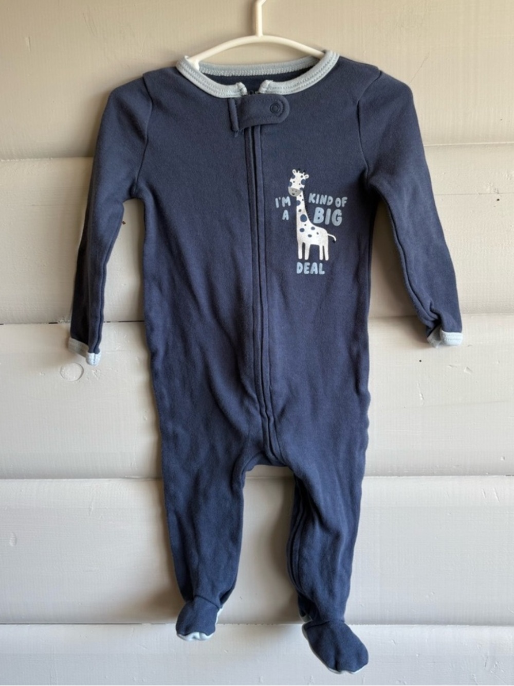 3/$25 Peanut Shell Navy Baby Footed One-Piece with Giraffe Print